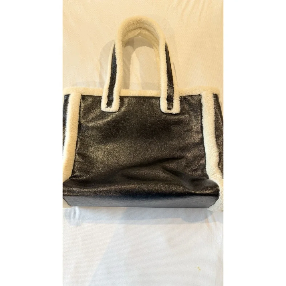 BCBGeneration Tote Black Faux Leather with White Faux Fur Trim 14x18